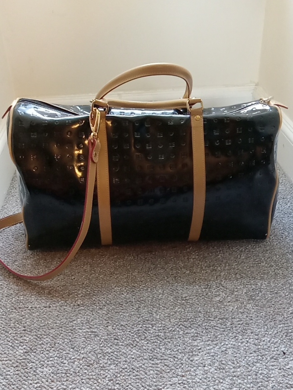 Arcadia Italy Black Patent Leather Monogram Weekender Duffle Bag Luxury Designer